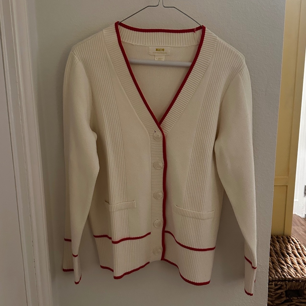 Anthropologie Maeve Button Up Sweater Cream with Red Accents